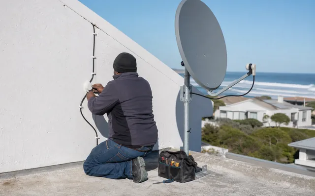 Technician testing a DStv Explora decoder with a professional signal analyser