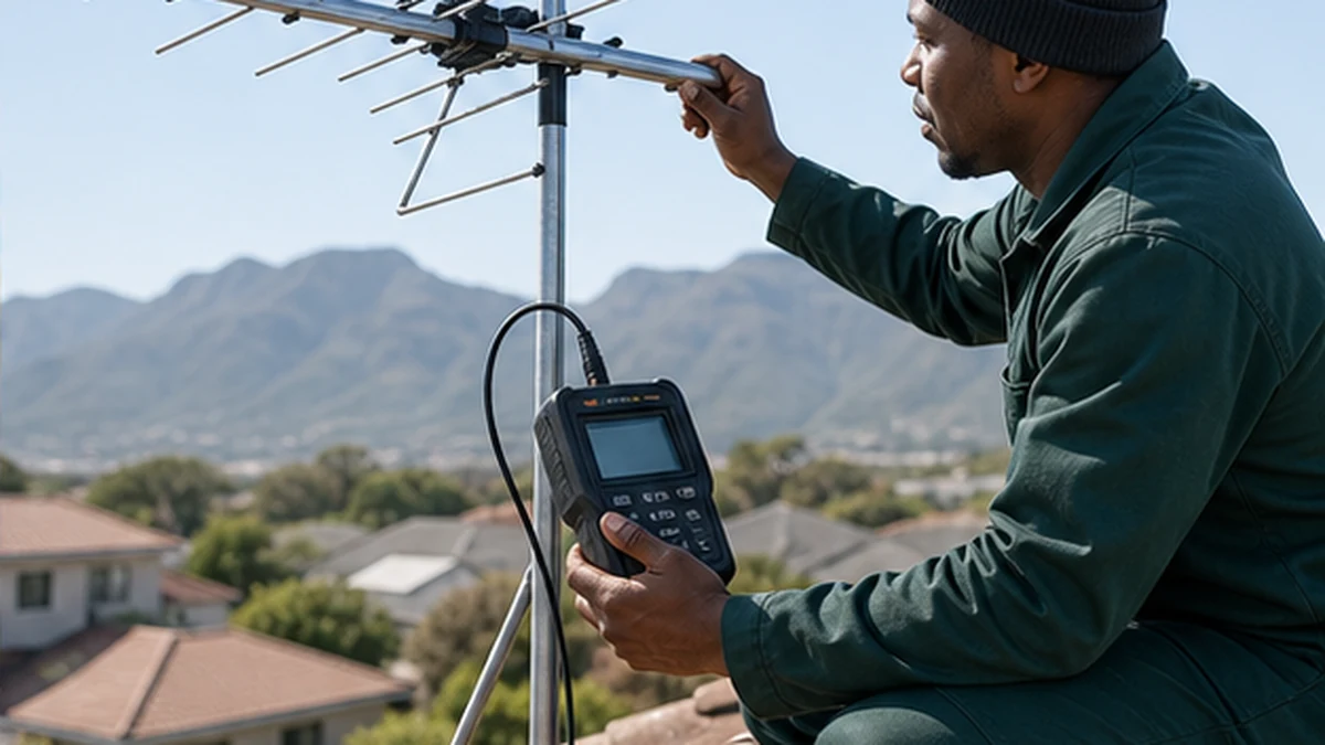 Technician installing a terrestrial TV aerial on a Kommetjie home