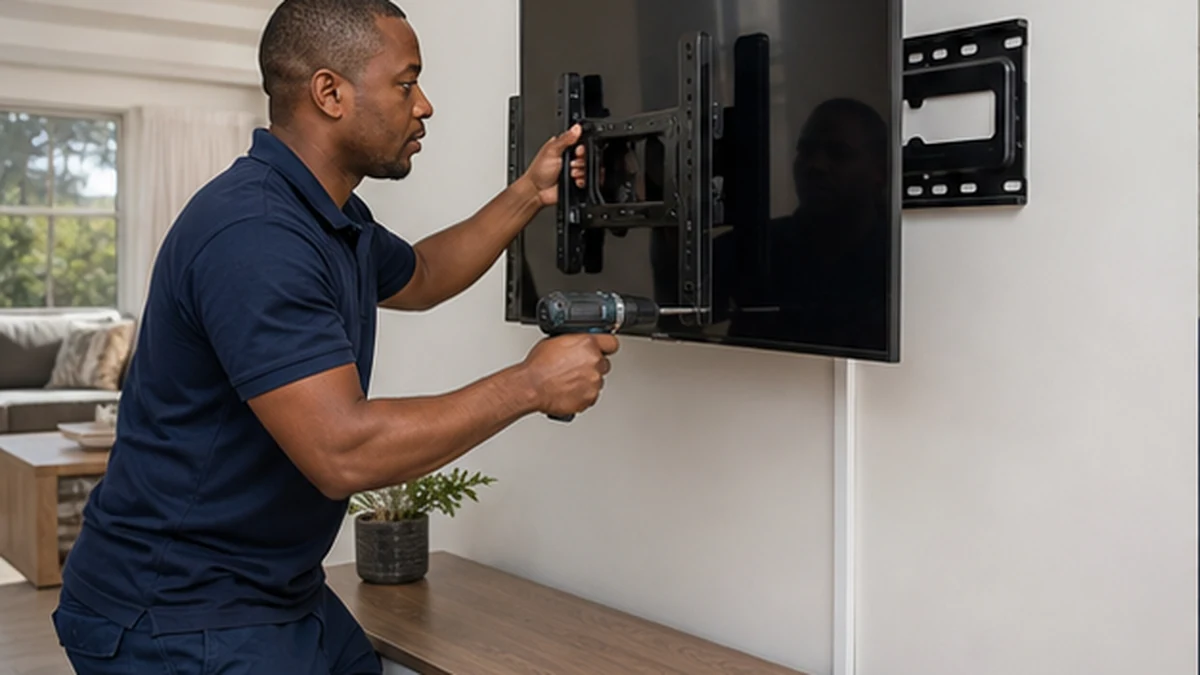 Technician levelling a wall-mounted television in a Kommetjie living room